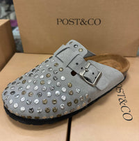 Post & Co. Women's Studded Suede Clogs in grey - women's shoe - alternate view