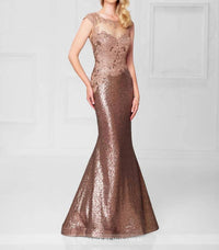 Social Occasions By Mon Cheri - Bronze Lace Sequin Long Gown
