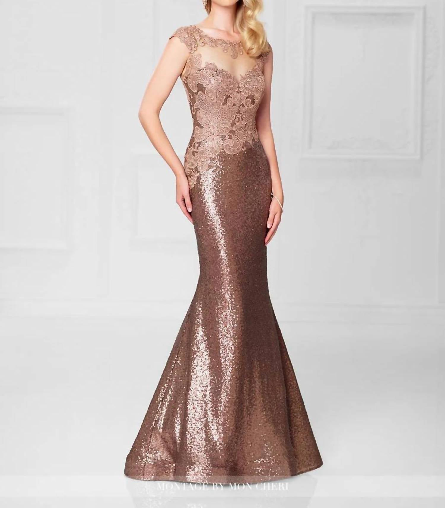 Social Occasions By Mon Cheri - Bronze Lace Sequin Long Gown