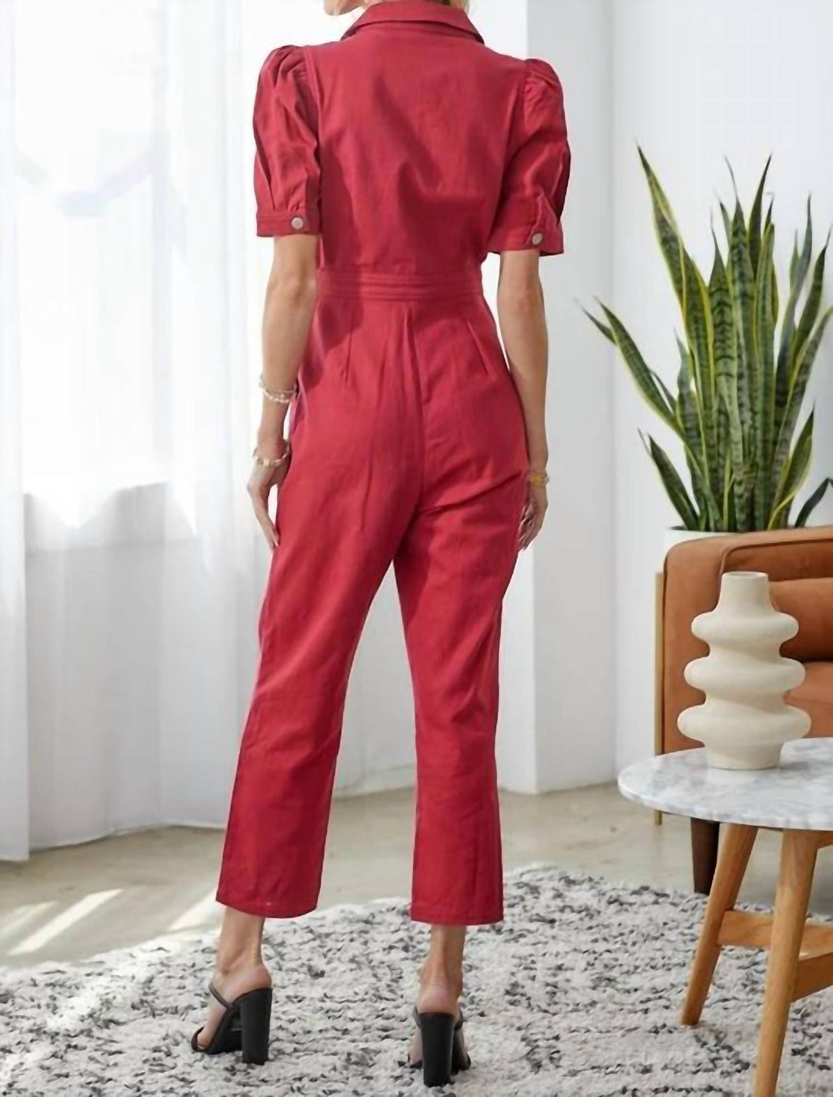 Day + Moon - Puff Sleeve Wrap Front Denim Jumpsuit