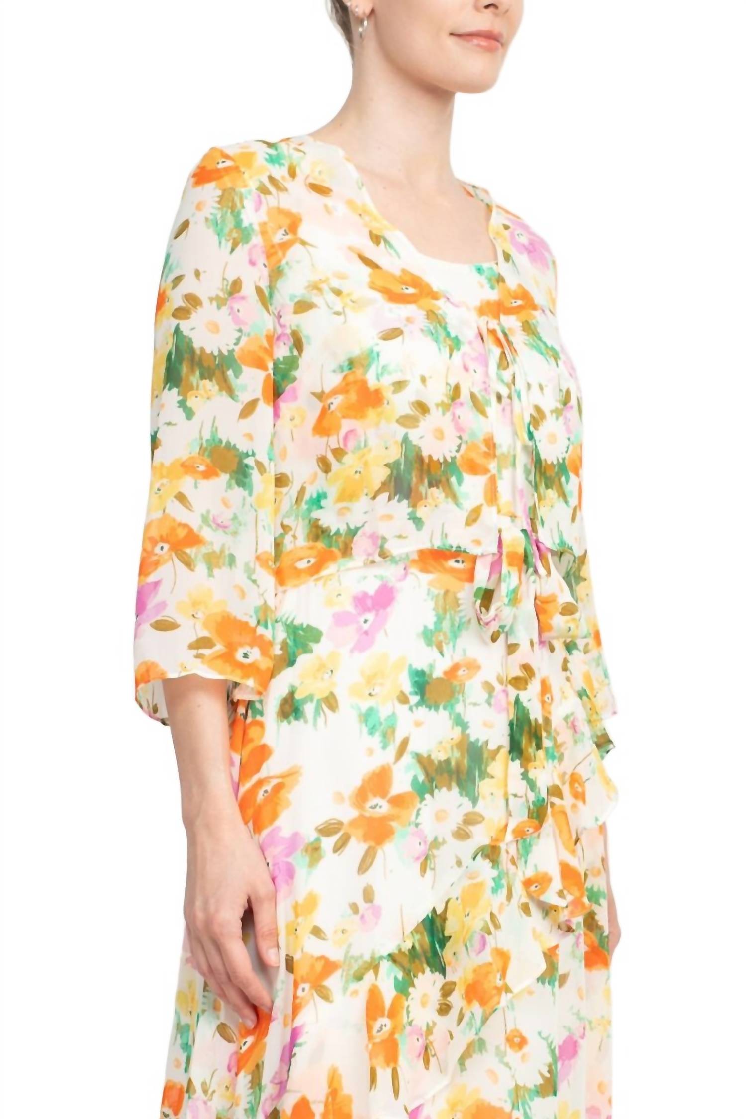 Maison Tara - Floral Midi Dress With Matching Chiffon Jacket Set