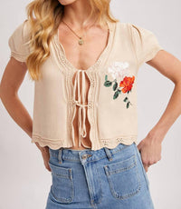 Bluivy - Women's Embroidered Cap Sleeve Open Front Self-tie Knit Top