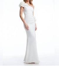 DRESS THE POPULATION Aubrielle Asymmetric 3d Floral Mermaid Gown in off white - women's dress