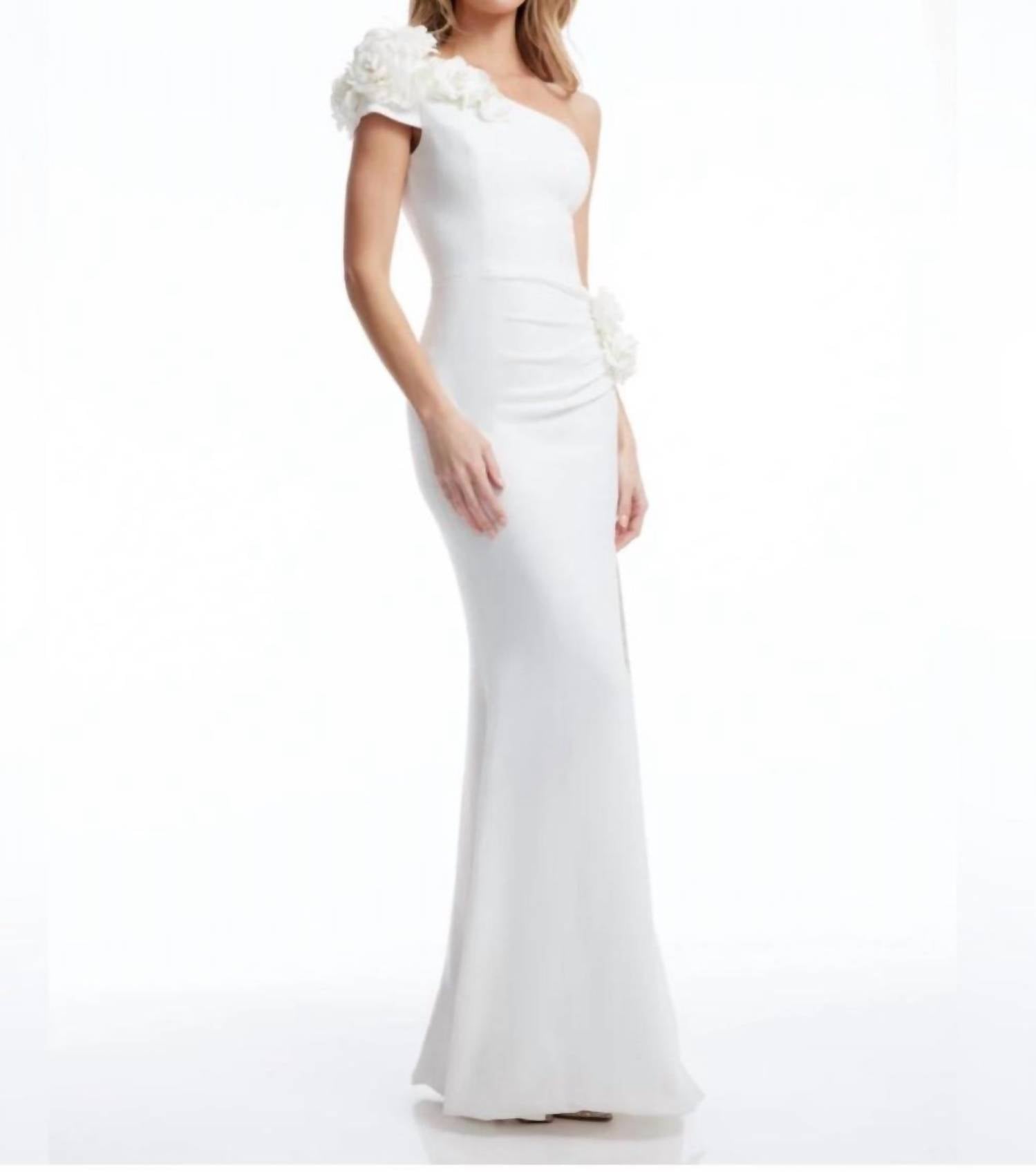 DRESS THE POPULATION Aubrielle Asymmetric 3d Floral Mermaid Gown in off white - women's dress