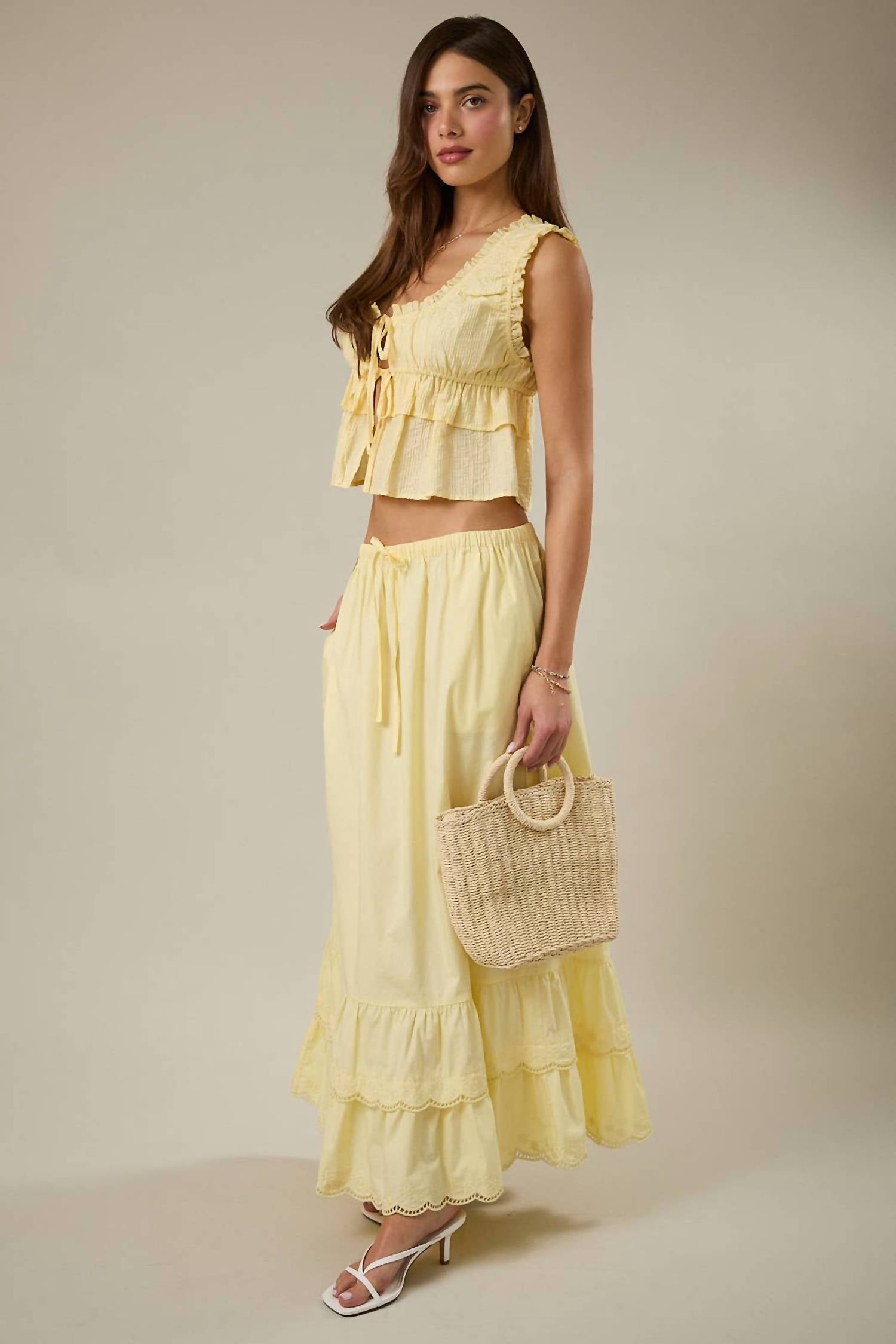 Sunday Edition - Elastic Waist Embroidered Scallop Hem Tiered Maxi Skirt