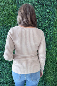 mystree Plunging V-neck Sweater Top in sand - women's long sleeve top - detail view