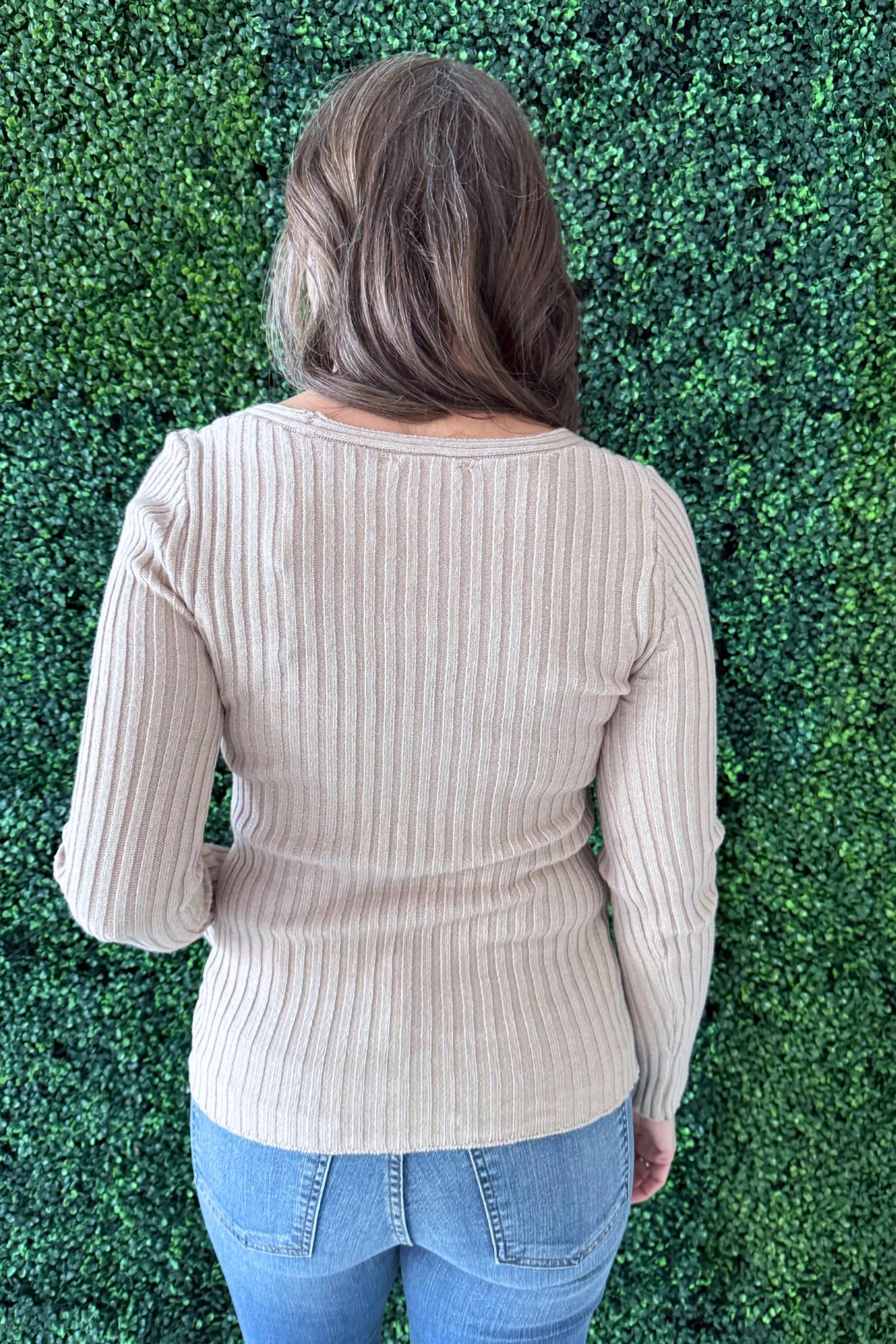mystree Plunging V-neck Sweater Top in sand - women's long sleeve top - detail view