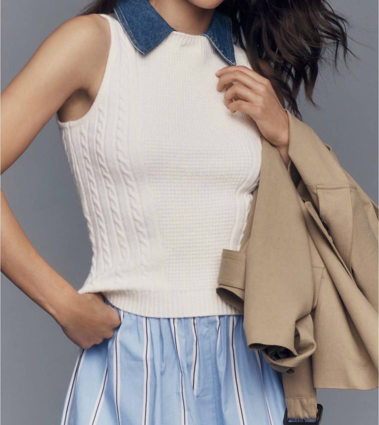 Central Park West - Serena Mixed Stitch Denim Collar Shell Sweater