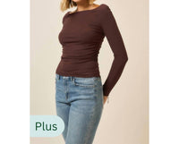 Cozy Co. - Ruched Boatneck Drop Shoulder Long Sleeve Top