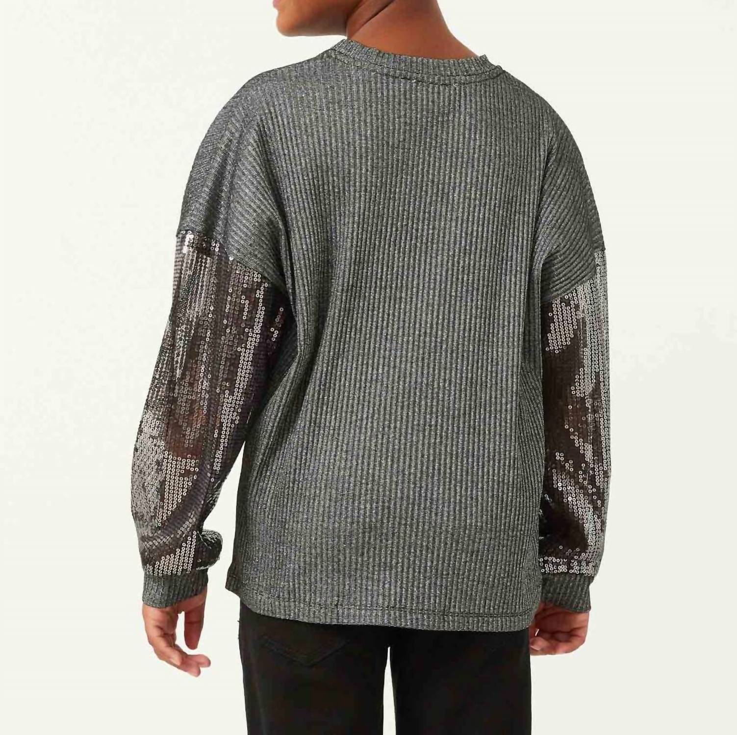 Hayden La - Sequin Sleeve Metallic Rib Long Sleeve Top