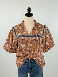 THML Women's Puff Sleeve Top in brown white - women's blouse