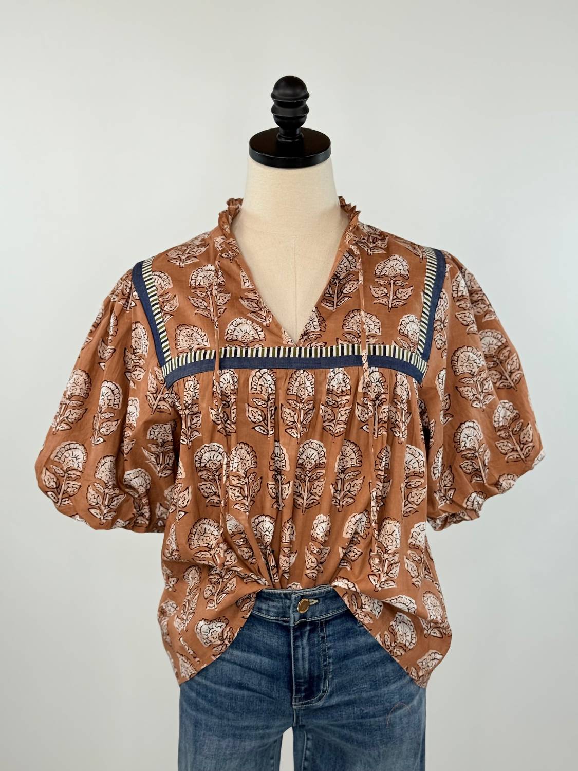 THML Women's Puff Sleeve Top in brown white - women's blouse