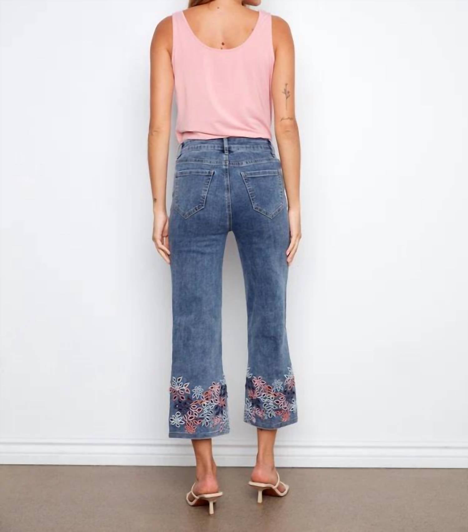 Charlie B - Stretch Denim Flare Leg Pants with Eyelet Embroidery