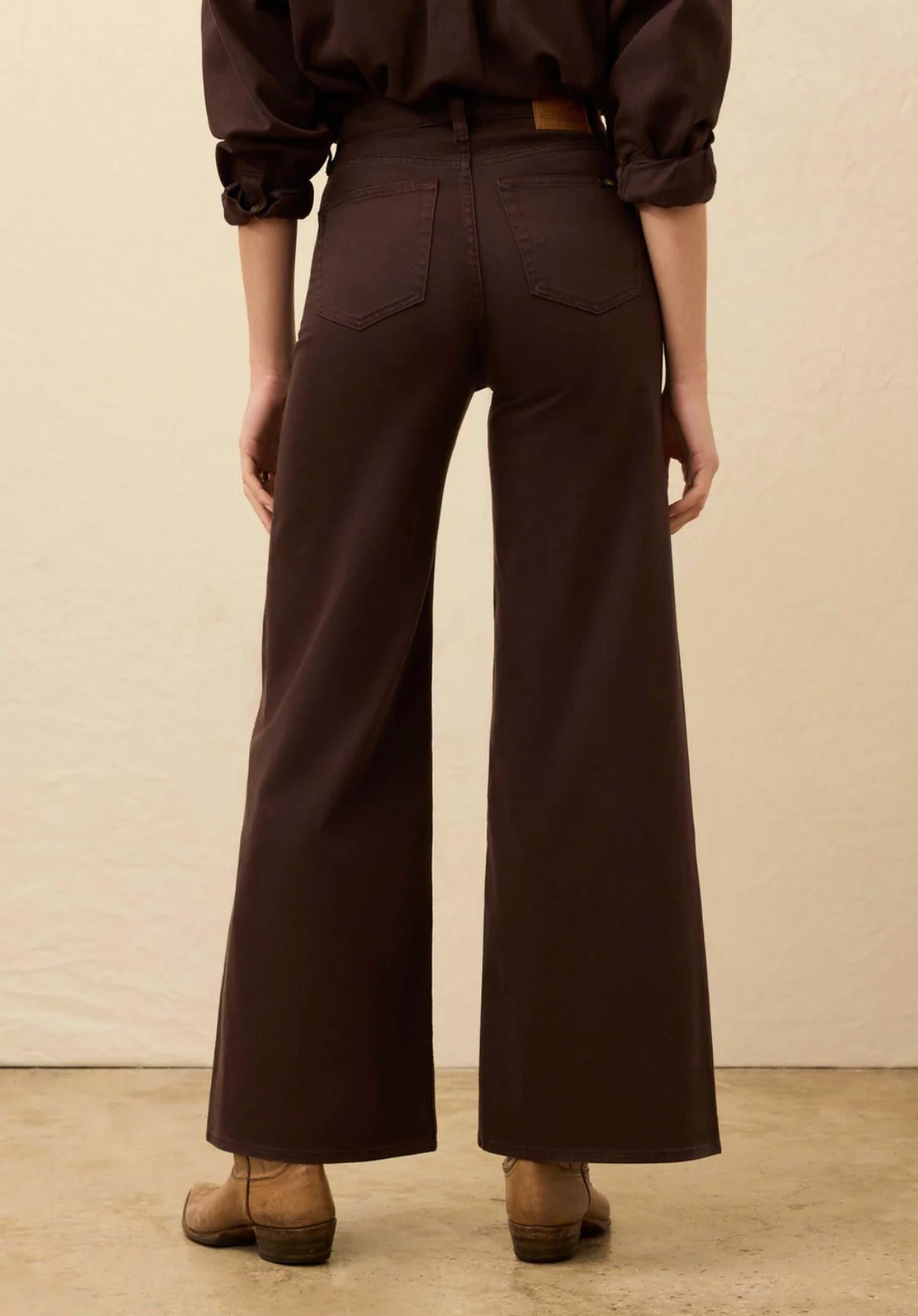 Faherty Saturday Denim Wide Leg Jeans in chocolate brown 1 - women's jeans - detail view