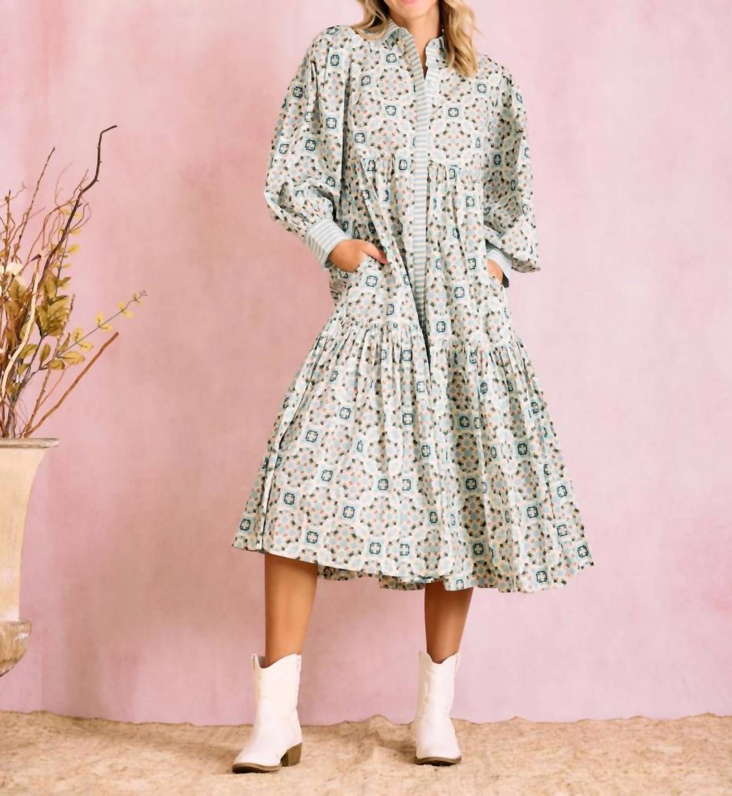 BROOKS AVENUE Laura Long Sleeve Dress in quatrefoil blue ivory - women's dress - detail view