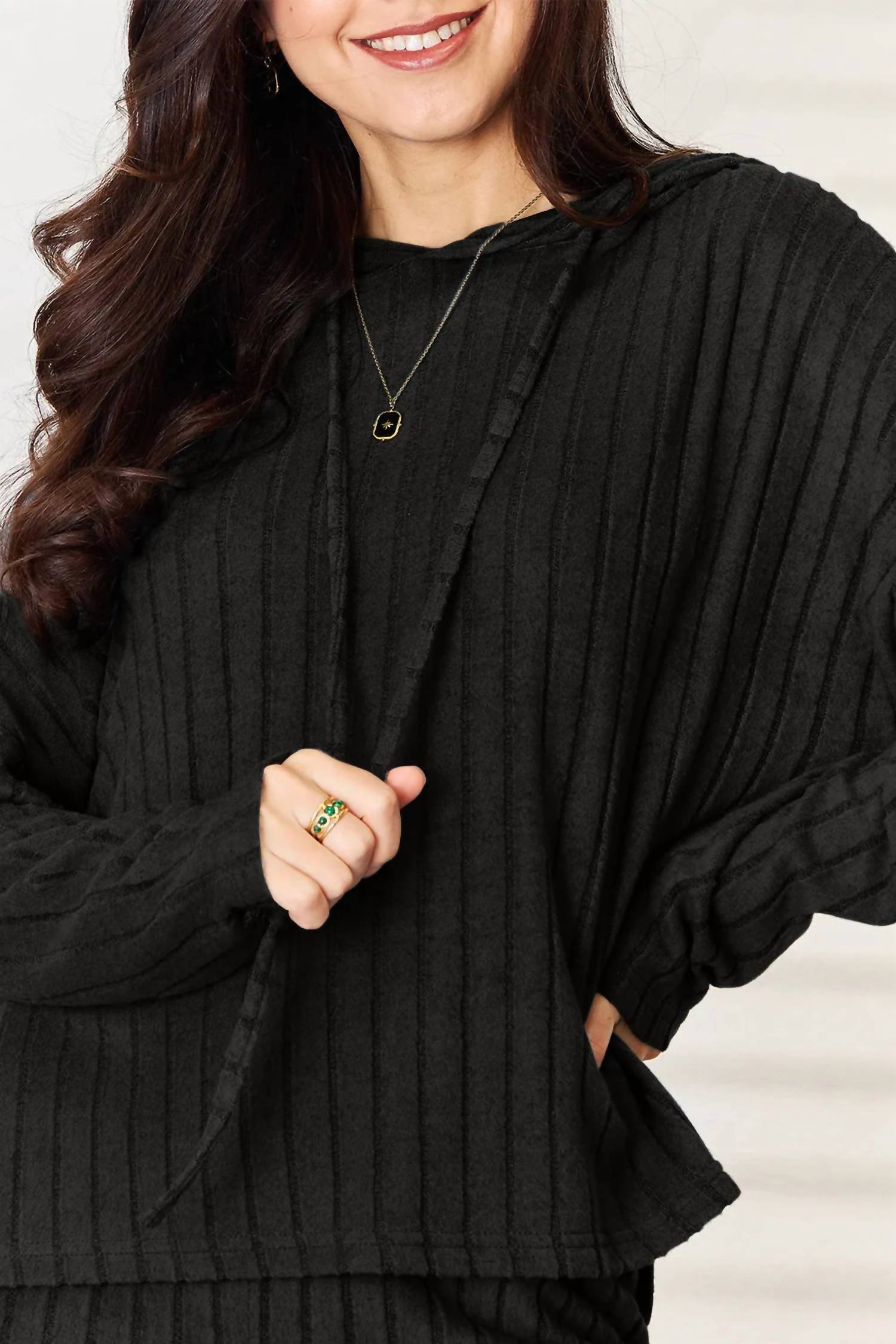 Basic Bae - Full Size Ribbed Drawstring Hooded Top And Straight Pants Set
