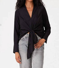Lovestitch - Long Sleeve V-neck High Low Tie Front Blouse