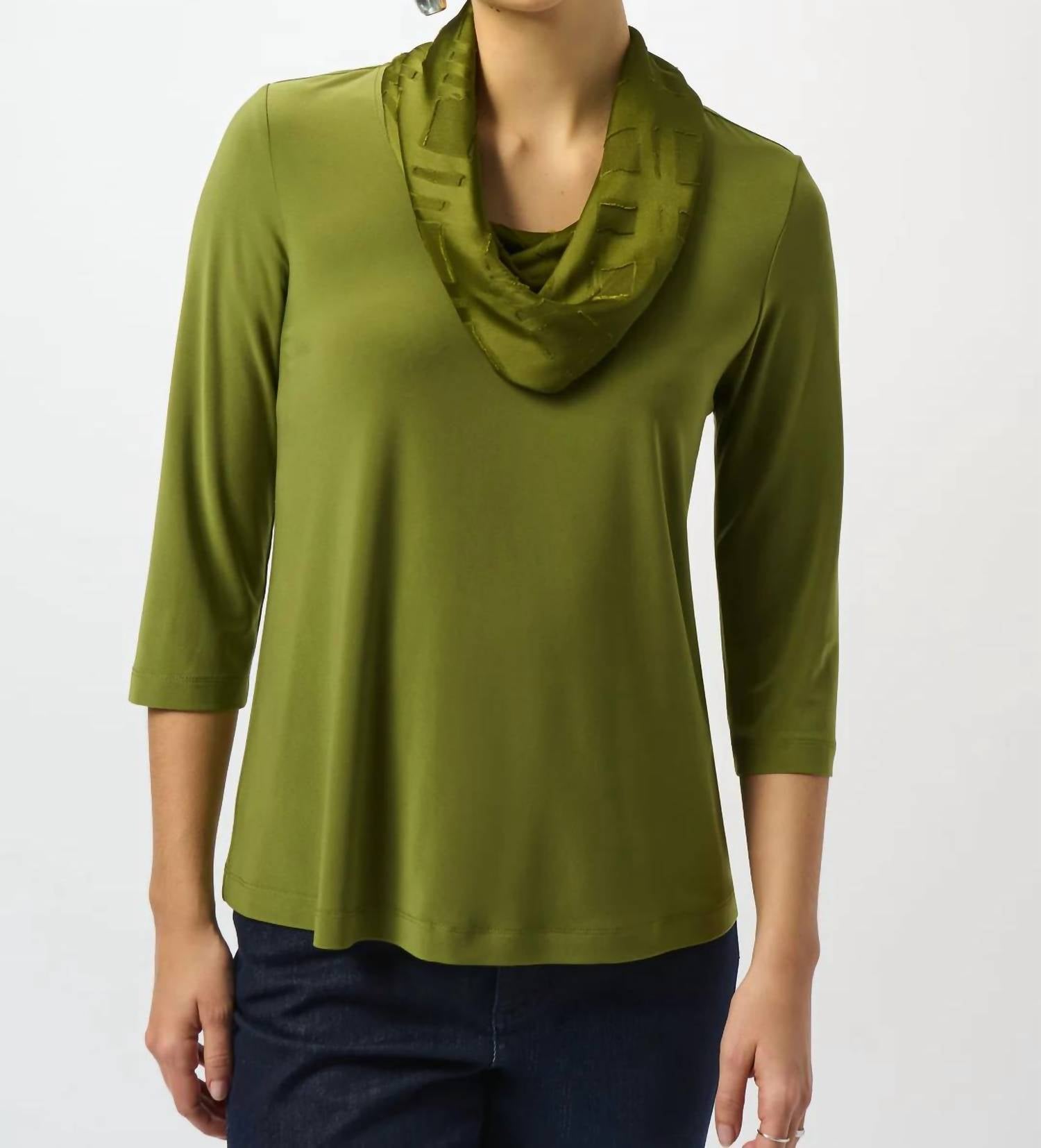 Joseph Ribkoff Cowl Neck 3/4 Sleeve Fitted Top in artichoke - women's long sleeve top