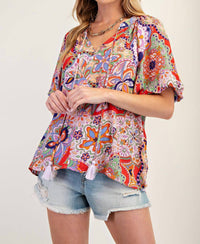 Easel Bohemian Paisley Print Tassel Front Top in blush red - women's t-shirt - view 4