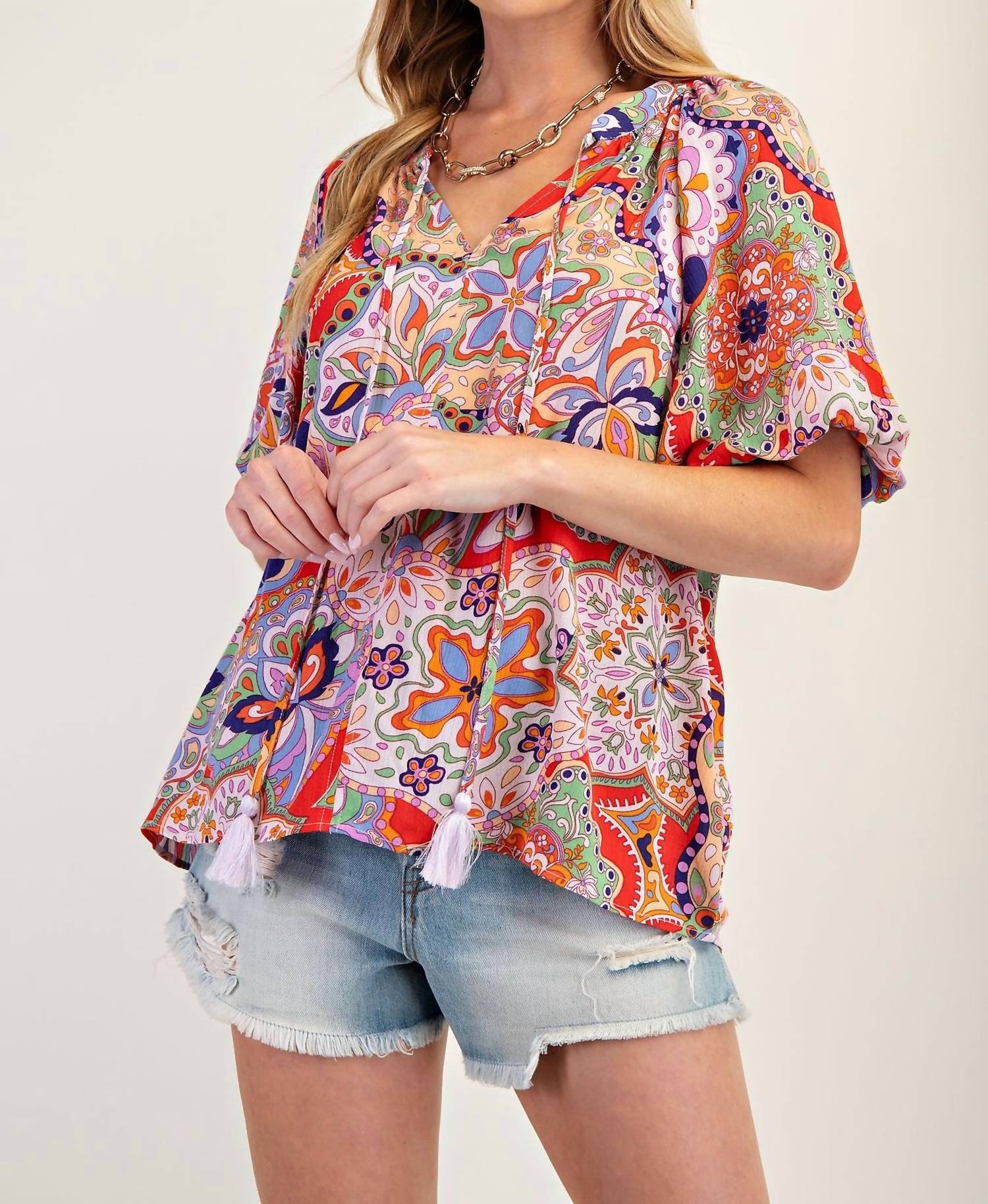 Easel Bohemian Paisley Print Tassel Front Top in blush red - women's t-shirt - view 4