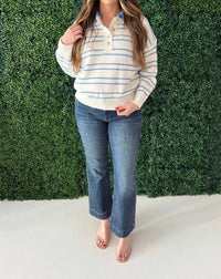 Tcec - Collared Striped Knit Half Button Pullover