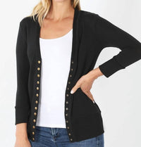 ZENANA Snap 3/4 Sleeve Cardigan in black - women's cardigan