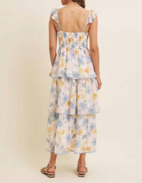 In February - Floral Midi Dress With Ruffled Straps