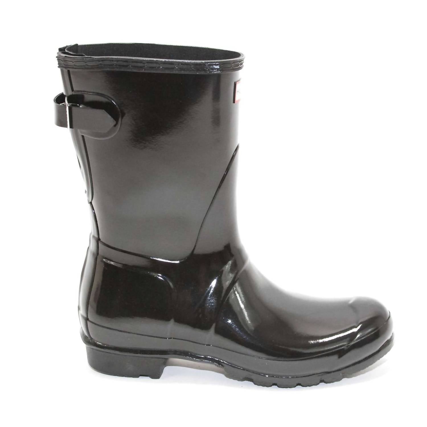 HUNTER Women's Original Short Back Adjustable Gloss Rain Boots in black - women's shoe - detail view