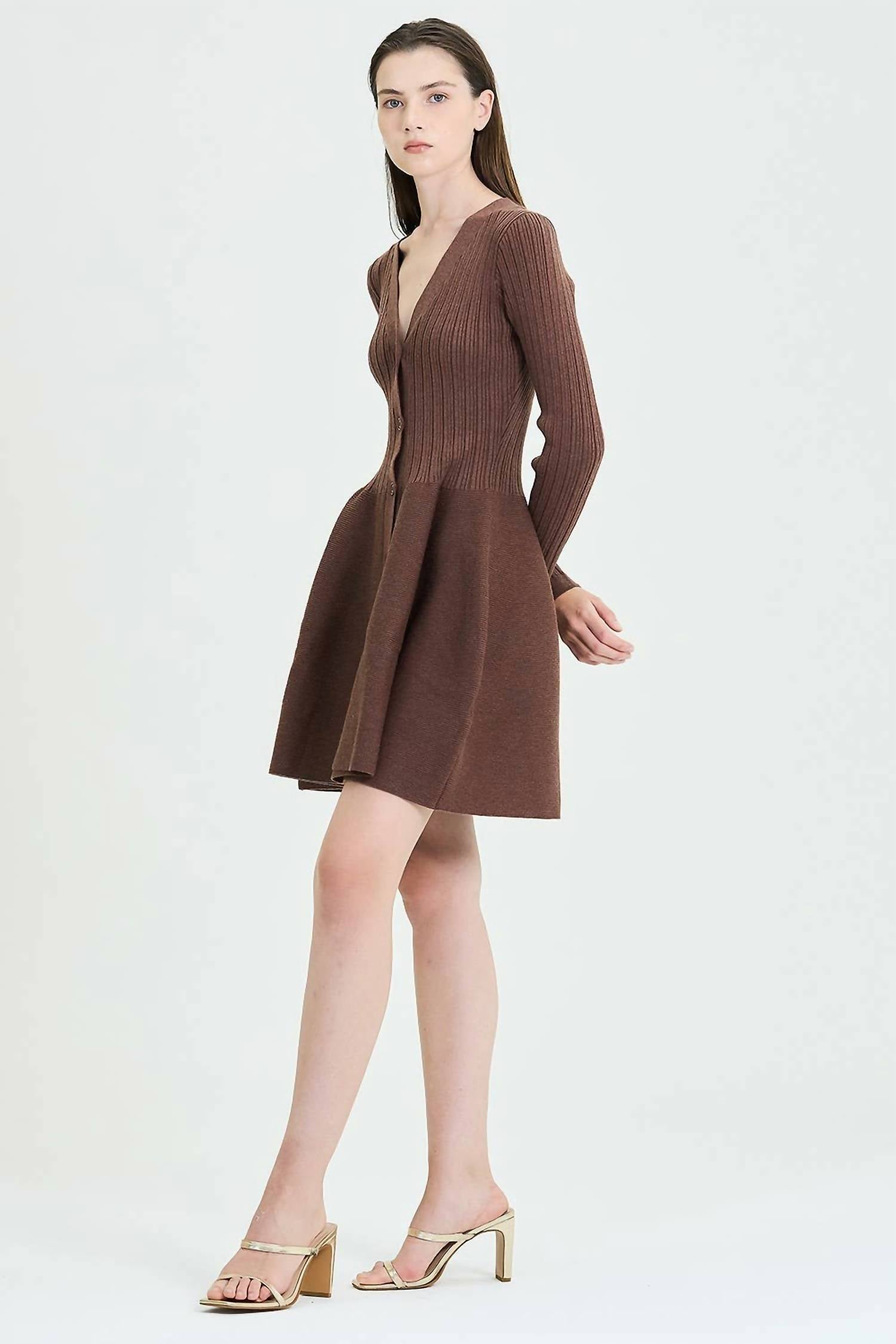 Dripsen - Fit & Flare Button-up Ribbed Knit Dress