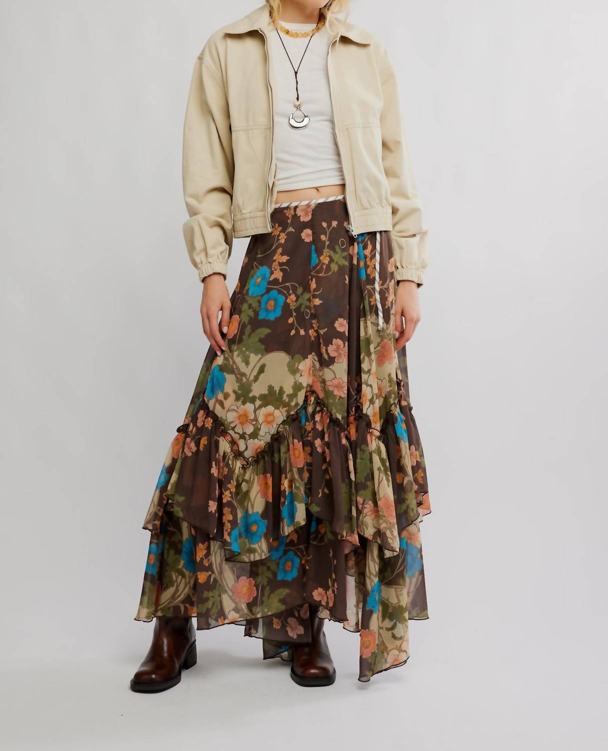 Free People Palermo Villa Chiffon Maxi Skirt in brown combo - women's skirt