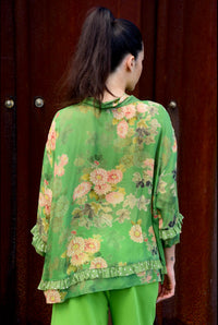 Curate Tie-neck Long Sleeve Blouse in green - women's blouse - detail view