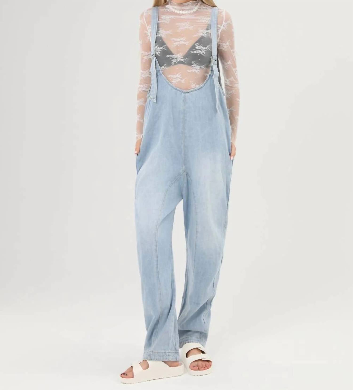 Sweetkama - Denim Adjustable Shoulder High Roller Jumpsuit