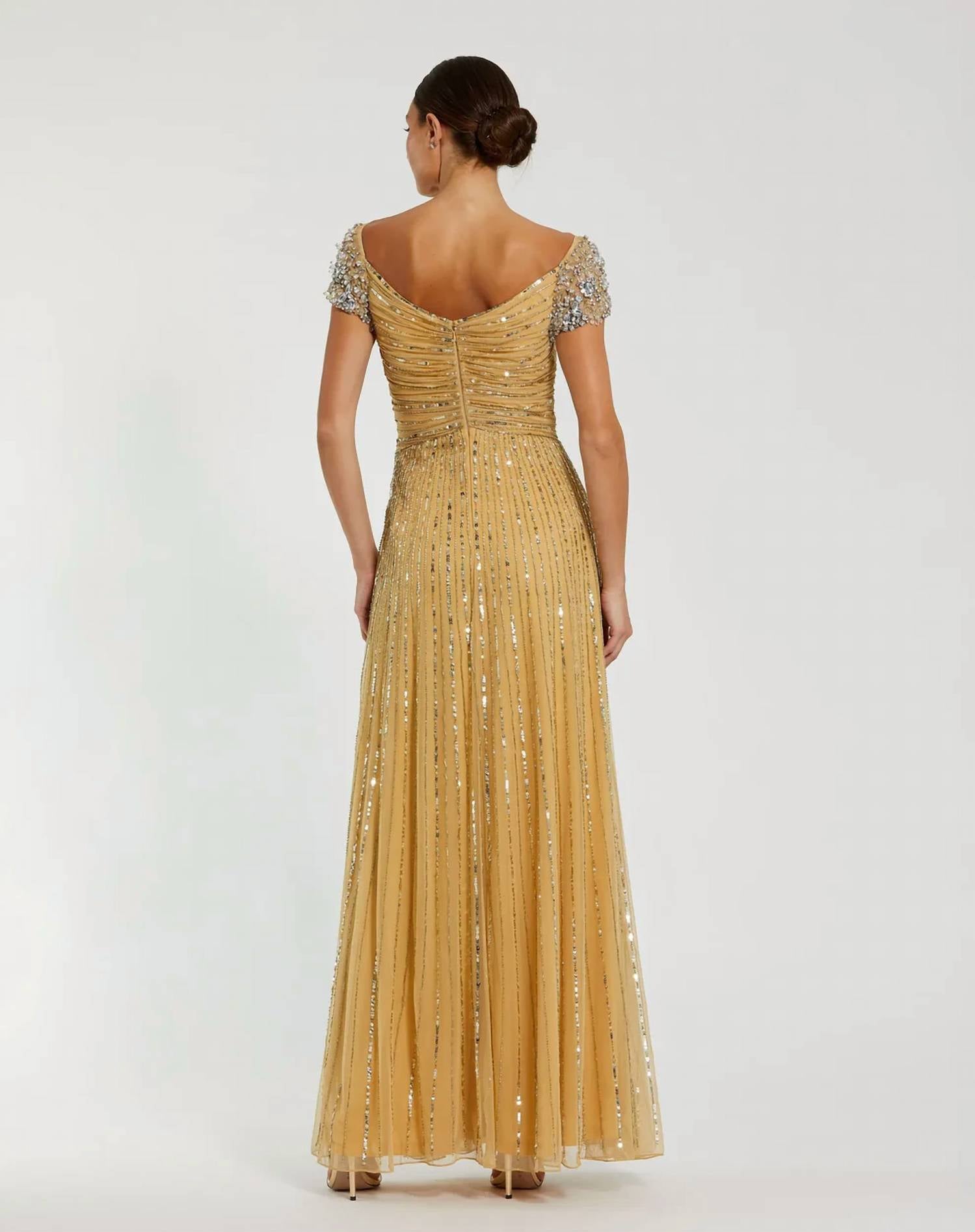 Mac Duggal - Sequined Evening Gown With Embellished Shoulders
