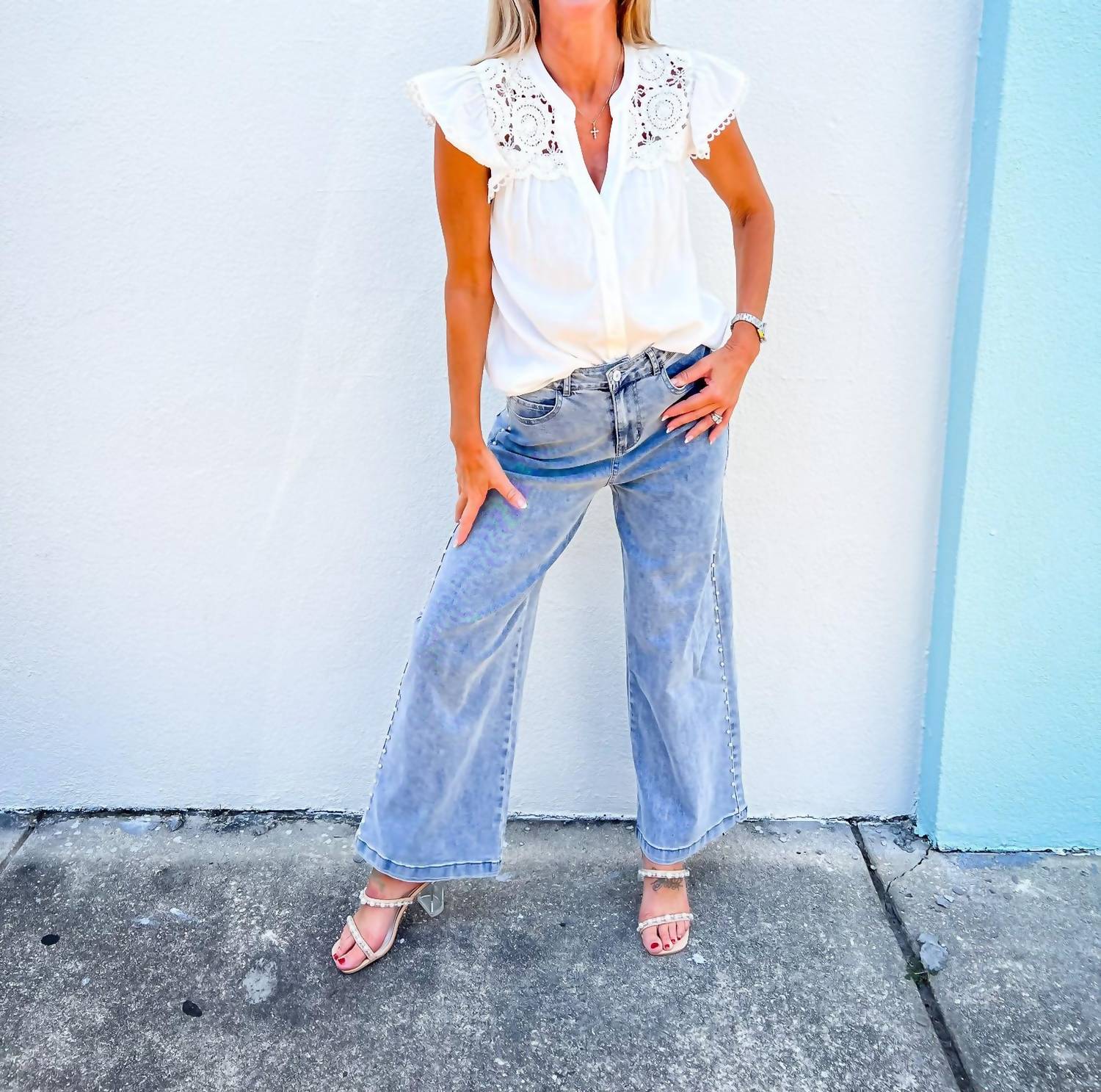 Hem & Thread - Sweet Grace Crochet Button Down Top