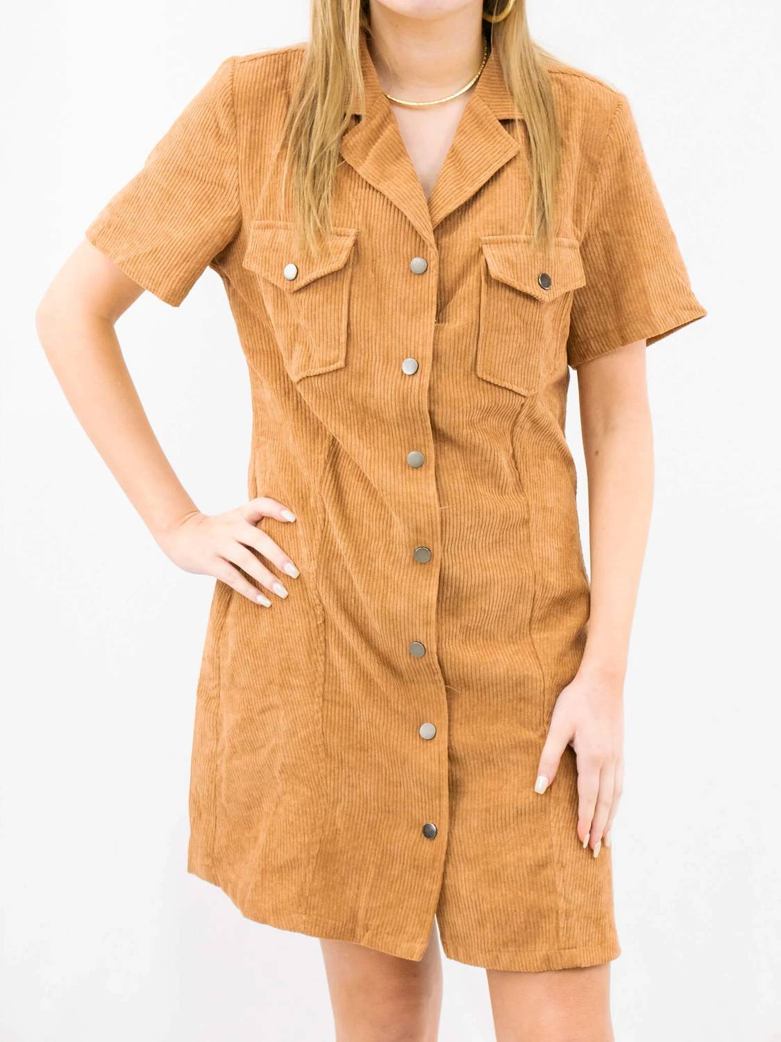 She + Sky - Short Sleeve Corduroy Shirt Dress