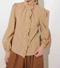 FLYING TOMATO Checkered Print Ruffle Front Shirt in mustard - women's shirt