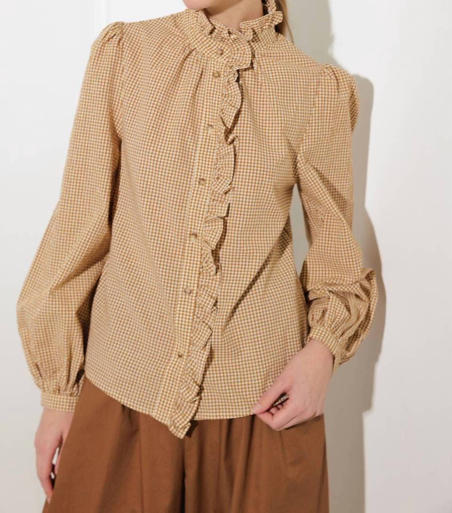 FLYING TOMATO Checkered Print Ruffle Front Shirt in mustard - women's shirt