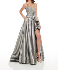 Rachel Allan - Metallic Applique High Low Prom Gown