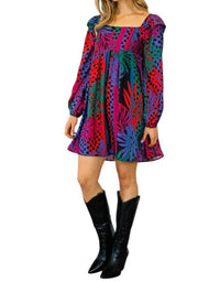 Oddi - Zoe Tropical Leaves Print Babydoll Mini Dress