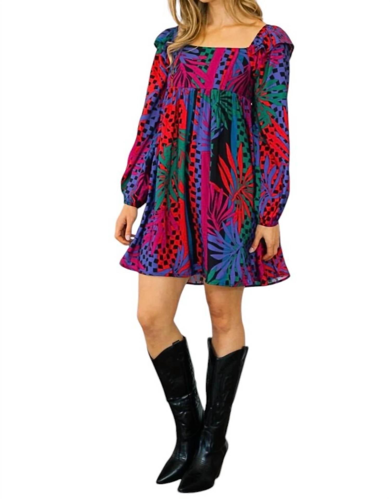 Oddi - Zoe Tropical Leaves Print Babydoll Mini Dress