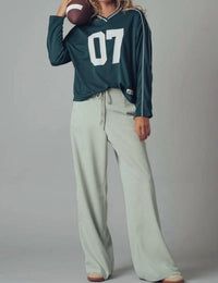 Urban Daizy Varsity 07 Graphic V-Neck Jersey Top in hunter - women's long sleeve top - view 6