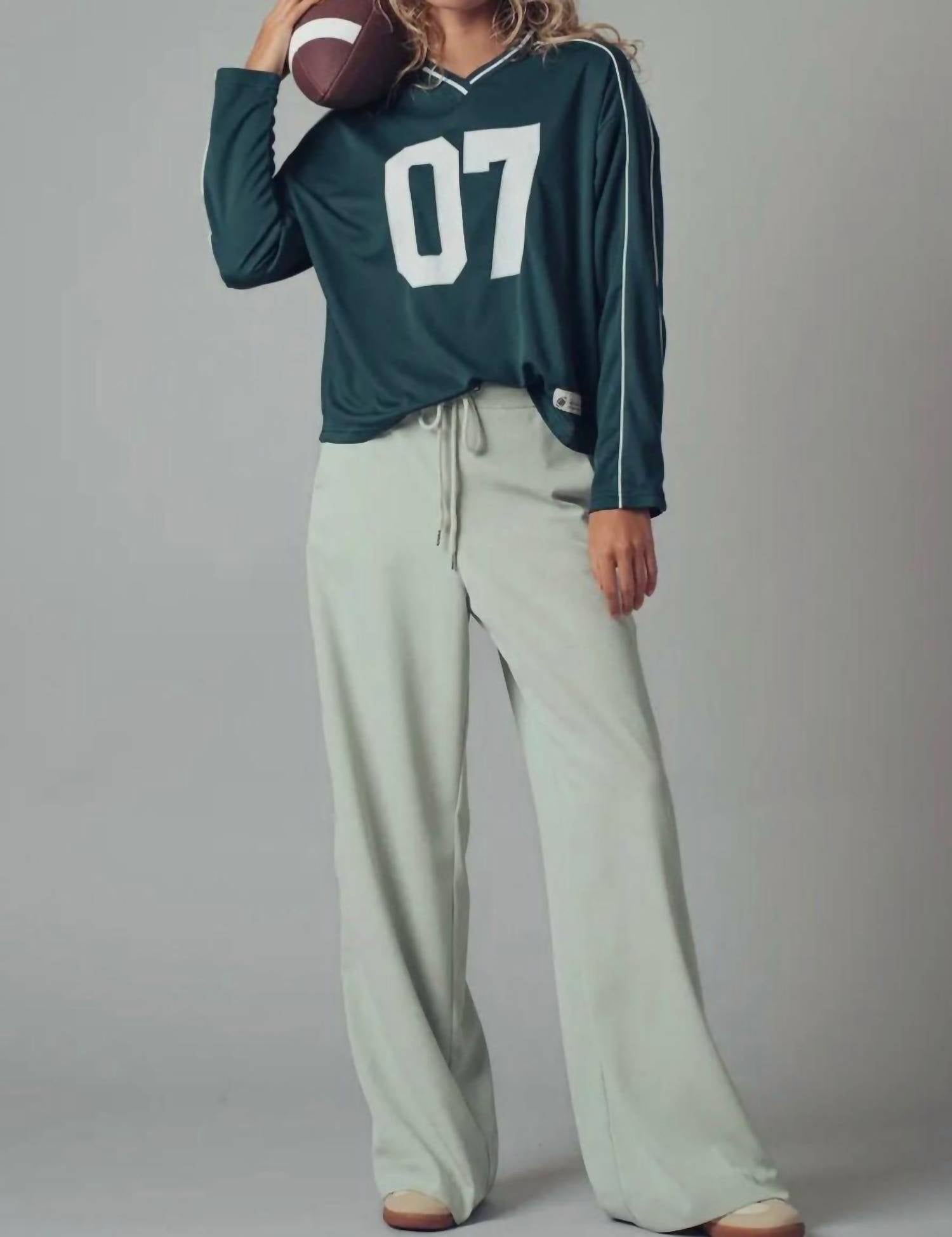 Urban Daizy Varsity 07 Graphic V-Neck Jersey Top in hunter - women's long sleeve top - view 6