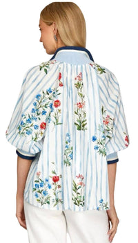 Style USA Printed Half Zip Top in light blue - women's blouse - detail view