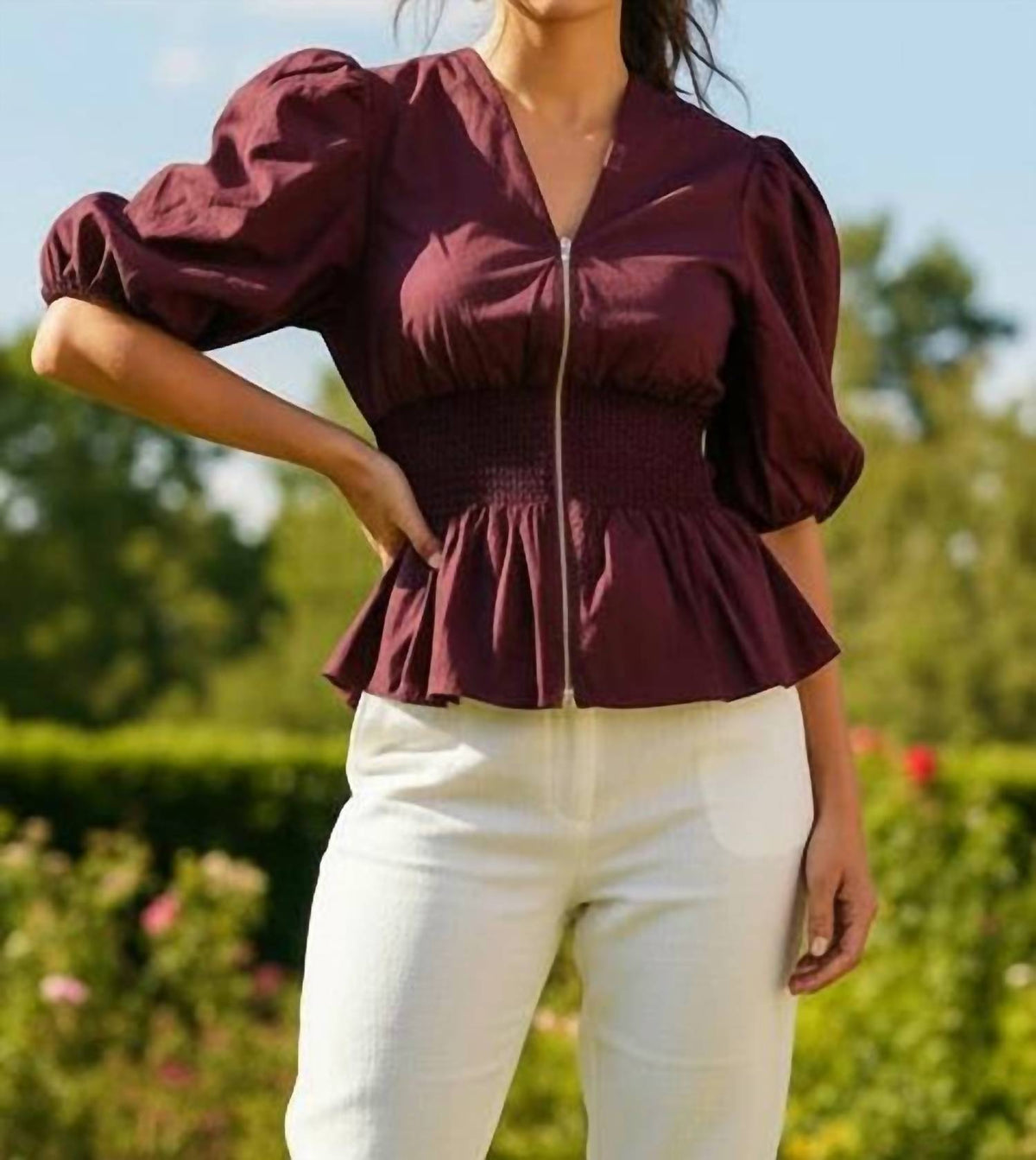 She + Sky - Puff Sleeve Front Zipper Woven Top