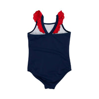 The Beaufort Bonnet Company Girls' Long Bay Swimsuit in nantucket navy w richmond red - kids' item - detail view