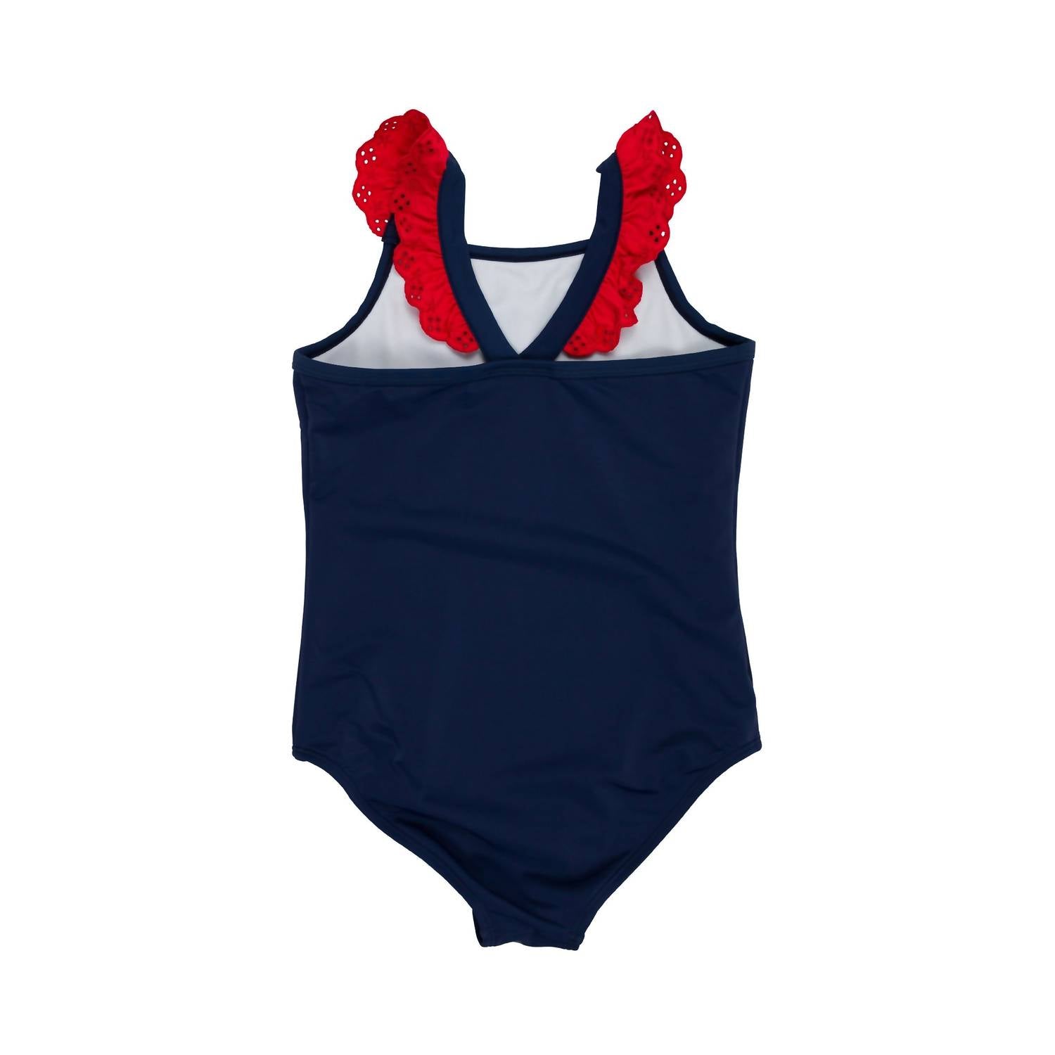 The Beaufort Bonnet Company Girls' Long Bay Swimsuit in nantucket navy w richmond red - kids' item - detail view