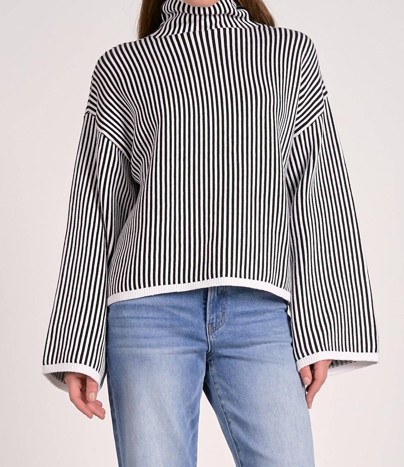 ELAN Striped Long Sleeve Sweater in black white stripe - women's sweater
