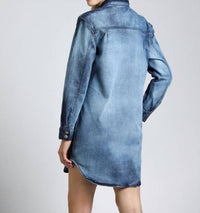 APNY Acid Wash Denim Snap Up Shirt Dress in indigo - women's dress - detail view