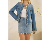 Veveret - Tweed Trimmed Front Pocket Denim Jacket