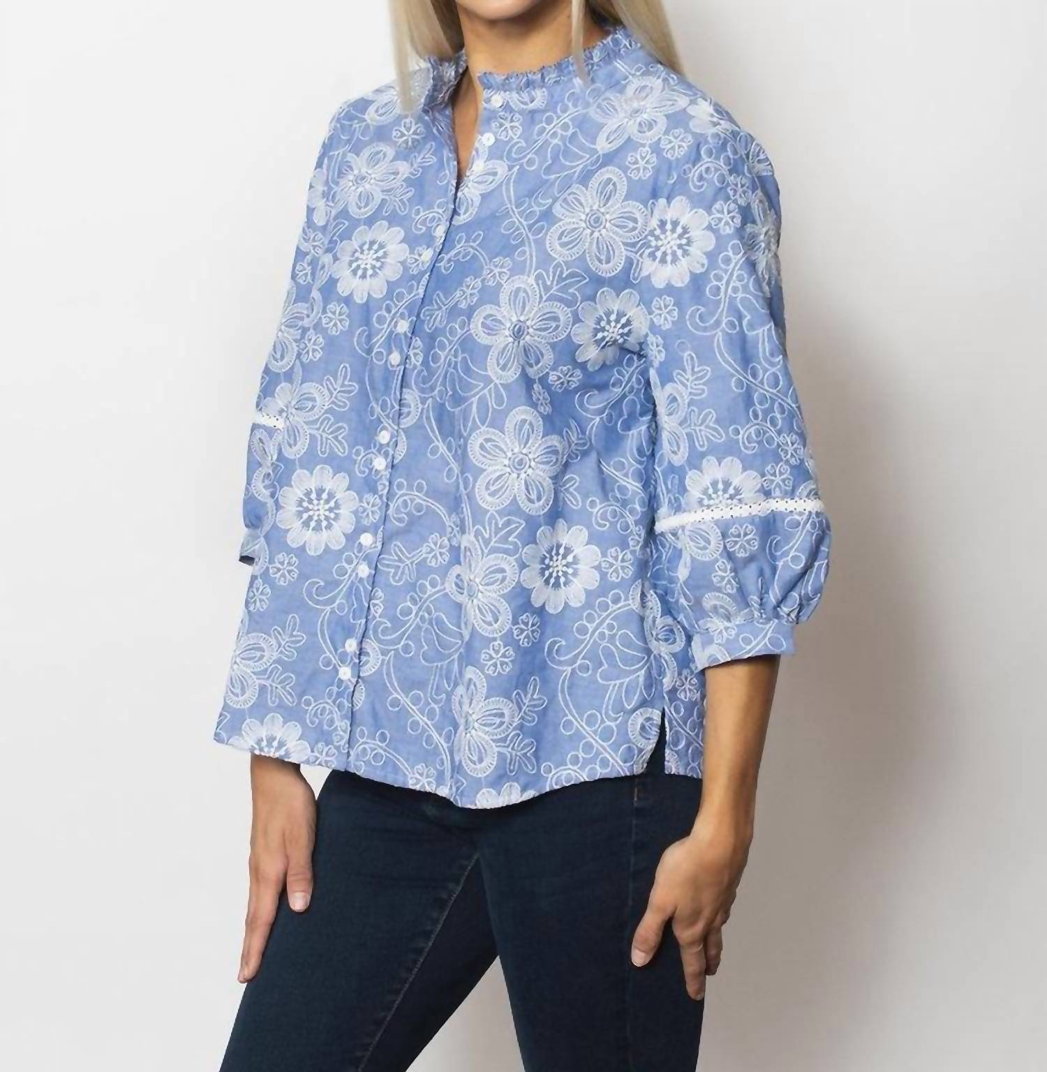 Sno Skins - Embroidered Collarless Button Top